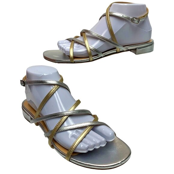 MARION PARKE Ramona Criss Cross Metallic Nappa Leather‎ Sandal  **NEW - Picture 1 of 11